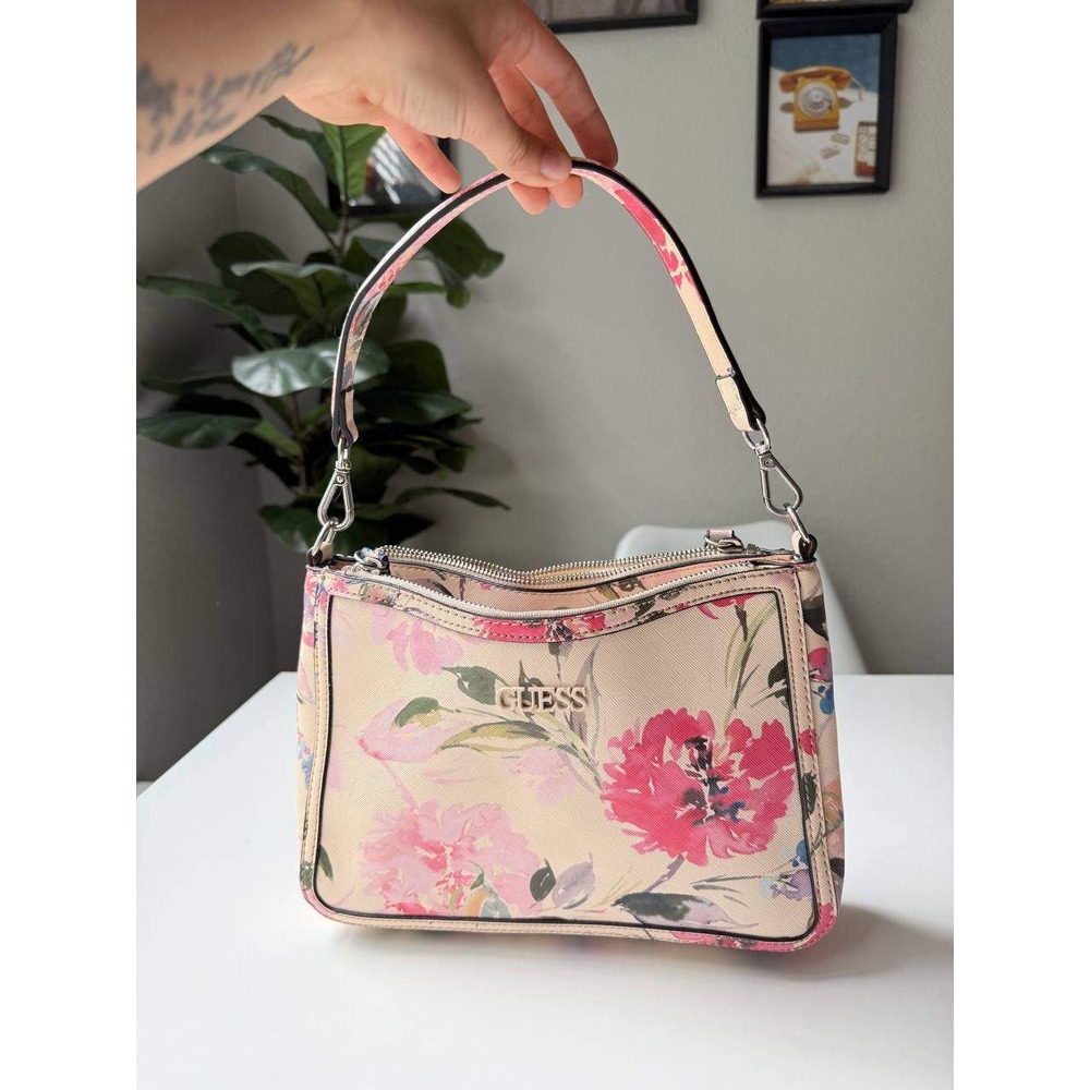 Guess Pink Floral Saffiano Faux Leather Shoulder Bag Silver Hardware Logo